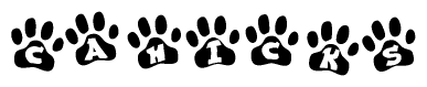 The image shows a series of animal paw prints arranged horizontally. Within each paw print, there's a letter; together they spell Cahicks