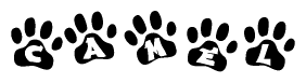 The image shows a row of animal paw prints, each containing a letter. The letters spell out the word Camel within the paw prints.