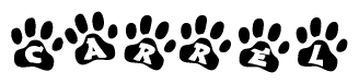 The image shows a series of animal paw prints arranged horizontally. Within each paw print, there's a letter; together they spell Carrel