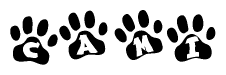 The image shows a series of animal paw prints arranged in a horizontal line. Each paw print contains a letter, and together they spell out the word Cami.