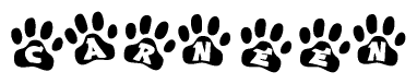 The image shows a series of animal paw prints arranged horizontally. Within each paw print, there's a letter; together they spell Carneen