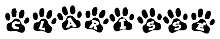 The image shows a series of animal paw prints arranged in a horizontal line. Each paw print contains a letter, and together they spell out the word Clarisse.