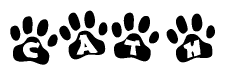 The image shows a series of animal paw prints arranged in a horizontal line. Each paw print contains a letter, and together they spell out the word Cath.