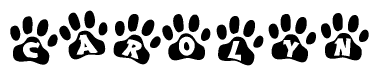 The image shows a row of animal paw prints, each containing a letter. The letters spell out the word Carolyn within the paw prints.