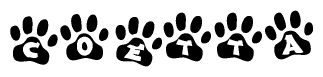 The image shows a series of animal paw prints arranged horizontally. Within each paw print, there's a letter; together they spell Coetta