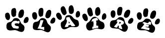 The image shows a series of animal paw prints arranged in a horizontal line. Each paw print contains a letter, and together they spell out the word Claire.