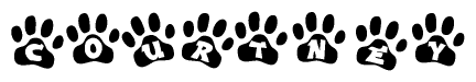 The image shows a series of animal paw prints arranged horizontally. Within each paw print, there's a letter; together they spell Courtney