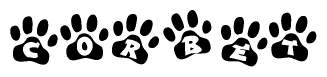 The image shows a row of animal paw prints, each containing a letter. The letters spell out the word Corbet within the paw prints.