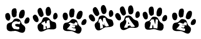 The image shows a row of animal paw prints, each containing a letter. The letters spell out the word Chemane within the paw prints.