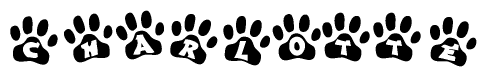 The image shows a series of animal paw prints arranged in a horizontal line. Each paw print contains a letter, and together they spell out the word Charlotte.