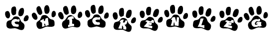 The image shows a series of animal paw prints arranged horizontally. Within each paw print, there's a letter; together they spell Chickenleg