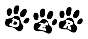 The image shows a series of animal paw prints arranged in a horizontal line. Each paw print contains a letter, and together they spell out the word Der.