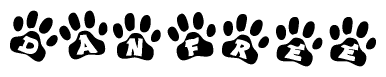The image shows a series of animal paw prints arranged in a horizontal line. Each paw print contains a letter, and together they spell out the word Danfree.