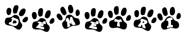 The image shows a row of animal paw prints, each containing a letter. The letters spell out the word Demetri within the paw prints.