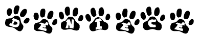 The image shows a row of animal paw prints, each containing a letter. The letters spell out the word Deniece within the paw prints.