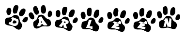 The image shows a series of animal paw prints arranged in a horizontal line. Each paw print contains a letter, and together they spell out the word Darleen.