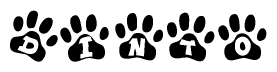 The image shows a row of animal paw prints, each containing a letter. The letters spell out the word Dinto within the paw prints.