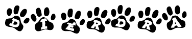 The image shows a row of animal paw prints, each containing a letter. The letters spell out the word Dierdra within the paw prints.