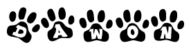 The image shows a series of animal paw prints arranged in a horizontal line. Each paw print contains a letter, and together they spell out the word Dawon.