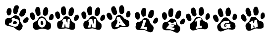 The image shows a series of animal paw prints arranged horizontally. Within each paw print, there's a letter; together they spell Donnaleigh