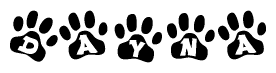 The image shows a row of animal paw prints, each containing a letter. The letters spell out the word Dayna within the paw prints.