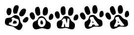 The image shows a row of animal paw prints, each containing a letter. The letters spell out the word Donaa within the paw prints.
