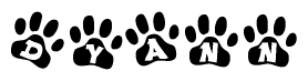 The image shows a series of animal paw prints arranged horizontally. Within each paw print, there's a letter; together they spell Dyann