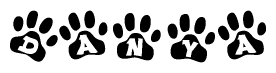 The image shows a row of animal paw prints, each containing a letter. The letters spell out the word Danya within the paw prints.