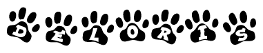 The image shows a series of animal paw prints arranged in a horizontal line. Each paw print contains a letter, and together they spell out the word Deloris.