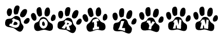 The image shows a series of animal paw prints arranged horizontally. Within each paw print, there's a letter; together they spell Dorilynn