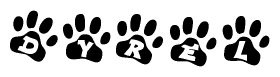 The image shows a series of animal paw prints arranged in a horizontal line. Each paw print contains a letter, and together they spell out the word Dyrel.