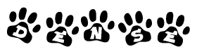 The image shows a row of animal paw prints, each containing a letter. The letters spell out the word Dense within the paw prints.