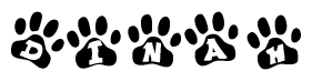 The image shows a series of animal paw prints arranged horizontally. Within each paw print, there's a letter; together they spell Dinah