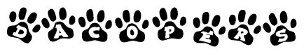 The image shows a series of animal paw prints arranged horizontally. Within each paw print, there's a letter; together they spell Dacopers