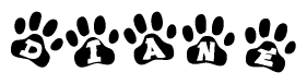 The image shows a row of animal paw prints, each containing a letter. The letters spell out the word Diane within the paw prints.