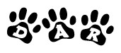 The image shows a series of animal paw prints arranged horizontally. Within each paw print, there's a letter; together they spell Dar