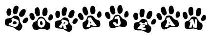 The image shows a row of animal paw prints, each containing a letter. The letters spell out the word Dorajean within the paw prints.