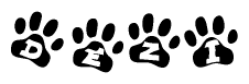 The image shows a series of animal paw prints arranged in a horizontal line. Each paw print contains a letter, and together they spell out the word Dezi.
