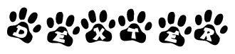 The image shows a series of animal paw prints arranged horizontally. Within each paw print, there's a letter; together they spell Dexter