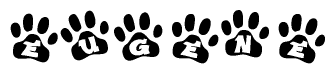 The image shows a series of animal paw prints arranged horizontally. Within each paw print, there's a letter; together they spell Eugene