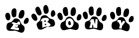 The image shows a series of animal paw prints arranged horizontally. Within each paw print, there's a letter; together they spell Ebony