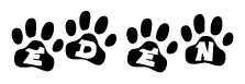 The image shows a series of animal paw prints arranged in a horizontal line. Each paw print contains a letter, and together they spell out the word Eden.