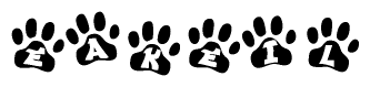 The image shows a series of animal paw prints arranged horizontally. Within each paw print, there's a letter; together they spell Eakeil