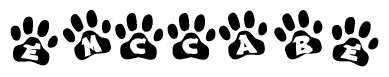 The image shows a row of animal paw prints, each containing a letter. The letters spell out the word Emccabe within the paw prints.