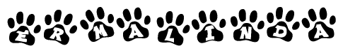 The image shows a series of animal paw prints arranged in a horizontal line. Each paw print contains a letter, and together they spell out the word Ermalinda.