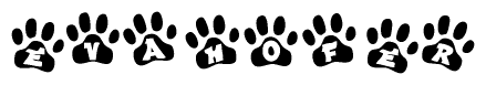 The image shows a row of animal paw prints, each containing a letter. The letters spell out the word Evahofer within the paw prints.