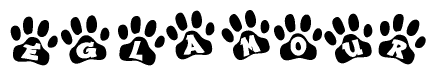 The image shows a series of animal paw prints arranged in a horizontal line. Each paw print contains a letter, and together they spell out the word Eglamour.