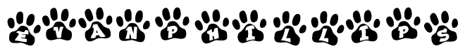 The image shows a series of animal paw prints arranged horizontally. Within each paw print, there's a letter; together they spell Evanphillips