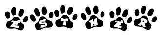 The image shows a series of animal paw prints arranged in a horizontal line. Each paw print contains a letter, and together they spell out the word Esther.