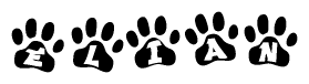 The image shows a series of animal paw prints arranged horizontally. Within each paw print, there's a letter; together they spell Elian